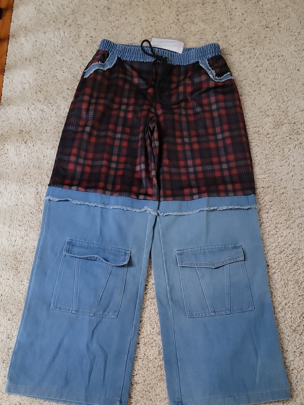 NWT OHot & Delicious Two-Tone Plaid and Light Blue Wide-Leg Jeans